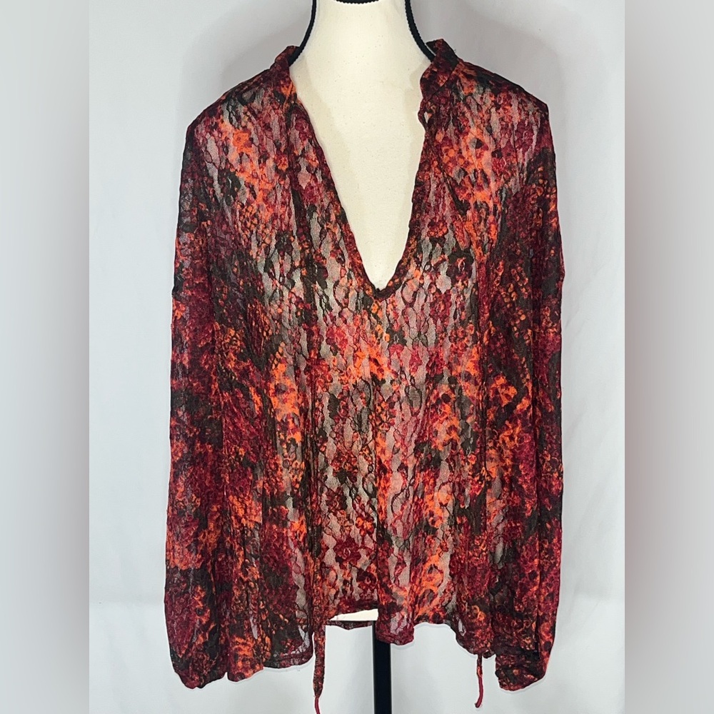 Free People Sheer Lace Blouse XS Oversized Floral Burgundy Rust Orange V-Neck
